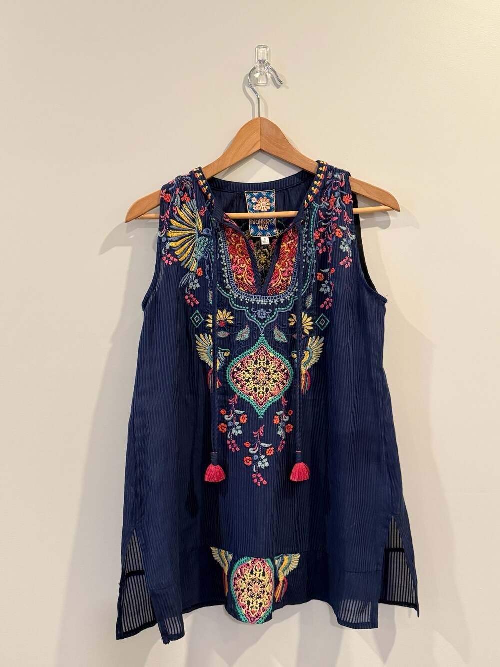 New Johnny Was Embroidered Sleeveless V-Neck Tunic Top Blue Size S